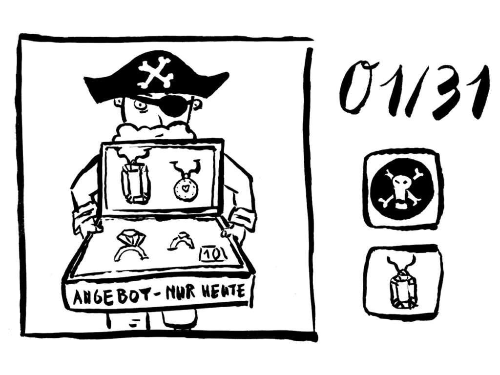 Pirat hält Verkaufskoffer mit Schmuck